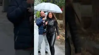 Leather babe in Leather Jacket and Leather Leggings with Umbrella