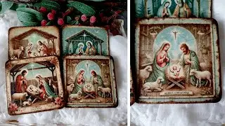 Nativity Scene Christmas Decoupage🎄Xmas Coasters #1 🎇 #christmas #decoupage #mixedmedia #homemade