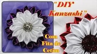 Flor de fita de cetim Kanzashi, como fazer passo a passo, presilha jacaré e broche, diy kanzashi