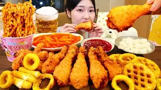 ASMR MUKBANG| 직접 만든 후라이드 치킨 떡볶이 치즈스틱 치즈볼 먹방 & 레시피 FRIED CHICKEN AND Tteokbokki EATING