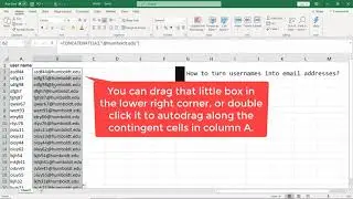 Excel: Concatenate usernames into email addresses and into a list