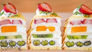 How to Make Fruit Mille Crepe with Cute Cross Section / Layer cake / mille crepe cake recipe
