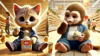 The Little Monkey And The Kitten Are Eating Ice Cream So Deliciously#creativity #cute #cartoon
