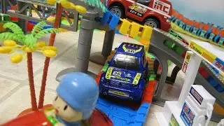 Pocoyo Takes A Ride On A Wiggly Track Set With Bridge And Gas Station Aole Toys