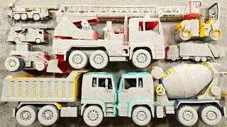Finding Buried Toy Cars and Cleaning a Big Dump Truck, Big Fire Truck, and Big Cement Mixer