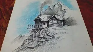 How to draw cottage house with pencil step by step for beginners | Cabin sketch