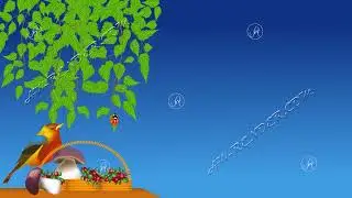 Animation. A colorful bird sits on a basket with mushrooms, berries and sings