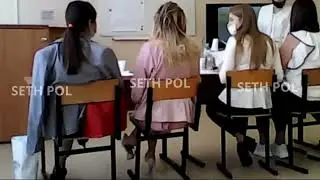 Blonde russian shoeplay dangling heels in classroom (READ DESCRIPTIONS)
