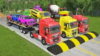 TRANSPORTING PIXAR CARS & FRUITS WITH COLORED & JOHN DEERE vs CLAAS vs TRACTORS - BeamNG.drive 