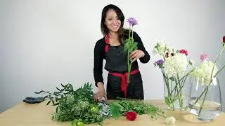 Preparing flowers for arrangement