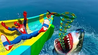 Spiderman in water slides. Epic Ragdoll Physics GTA 5 Ep.144 #waterslide #ragdoll #spiderman