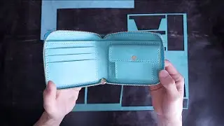 ［レザークラフト］Zip wallet // Making a Leather zipper Wallet // 水色の革とゴールドの金具で財布を作る