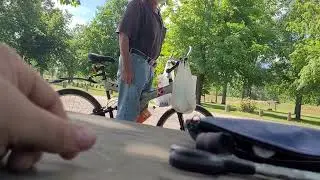 Old Can Collector Stops at my Picnic Table in Marshalltown, Iowa