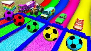 Big & Small Cars vs Portal Trap With Slide Colors - Double Flatbed Trailer Car Rescue - BeamNG.Drive