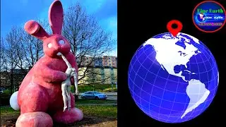 Giant Pink Bunny Eating Human Sculpture on Google Earth