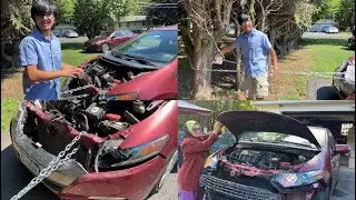 Front End Car Frame Straightening DIY Tie Chain To Tree | Honda Insight Collision Damage AutoRepair