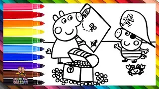 Dibuja y Colorea A Peppa Pig Y George Pig Como Piratas 🐷🏴‍☠️🪙🦜🗺️🦀🏖️🌈 Dibujos Para Niños