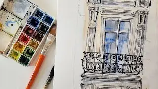 Croquis urbain à l’aquarelle IMMEUBLE HAUSSMANNIEN détail d’architecture (fenêtre)