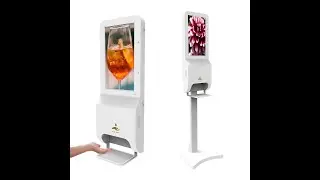Advertising player with hand sanitizer dispenser in English French Spainish and Purtugese.