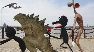 Monsters for a walk. Siren head. Cartoon dog. Godzilla. Cartoon cat. The Dragon.