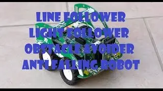 Line Following Obstacle avoiding Light Following  Anti Falling Robot using Arduino