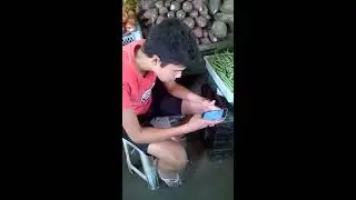 Distração no celular no pátio da feira de frutas