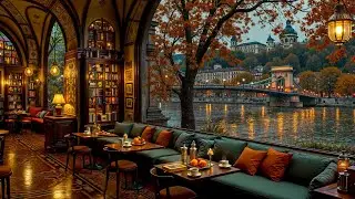 Rainy Autumn Cafe Ambience by the River 🍂 Warm Jazz Instrumental & Gentle Rain for Working, Studying