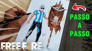 COMO DESENHAR FREE FIRE COMBINAÇÃO DE SKIN COM EMOTE BANDEIRÃO passo a passo completo