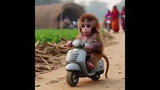 chubby small cute monkey ride motor and carry Nokia  mobile near field in village setting.#ai #AI