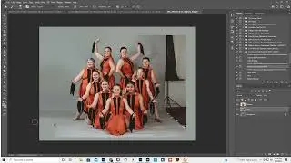 Extend the backdrop for a large group with crop, object select, quick select, paint, Photoshop edit