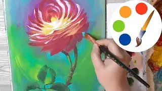 How to paint a rose with a yellow center and red petals with the flat angle brushes