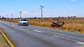 Car on its roof after an accident on the N14 between Vryburg and Delareyville in South Africa