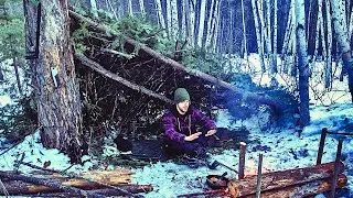 Overnight Winter Survival: Natural Shelter, Steak & Bannock on Cast Iron, Sleeping w/ a Wool Blanket