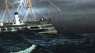 Корабль в море, шторм, гроза, дождь и молнии