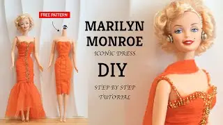 FREE pattern and draping, Marilyn Monroe mermaid dress, orange gown, DIY Barbie doll clothes