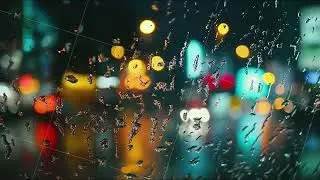 rain droplets on window glass with bokeh city evening lights
