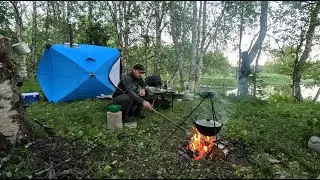 ЖИВЁМ В ПАЛАТКЕ НА ОСТРОВЕ. УХА НА КОСТРЕ.