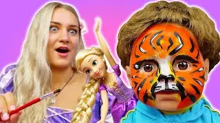 Рисуем грим тигра вместе с Рапунцель! Идеи для кукол и аквагрим в видео для девочек про рисование