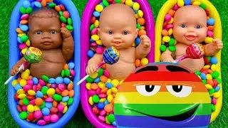 3 Minutes Satisfying with Full of 3 Rainbow BathTubs Candy with M&M's & Magic Slime Cutting Video 1