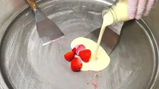 Strawberry Ice Cream Rolls | how to make fried Ice Cream with fresh Strawberries - Recipe | ASMR