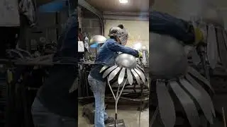 Giant Flower Metal Sculpture With Bee Welded Art