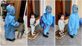 Rayhan berangkat sekolah pagi, saat hujan turun