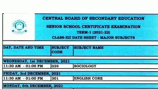 CBSE Date Sheet 2021-22 Class 12 Term 1 Board Exams
