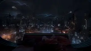 Deep Sleep In This Futuristic City View | Cosy Bed And Gentle Thunder For Sleeping | 4K