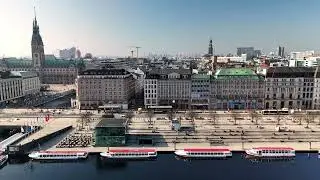 Aerial drone footage of the Binnenalster and the Jungfernstieg in Hamburg