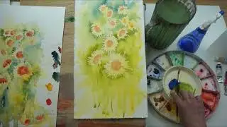 A field of Watercolour Sunflowers