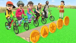 Scary Teacher 3D vs Squid Game Bicycle Wooden Slope vs Honeycomb Candy Shape 5 Times Challenge