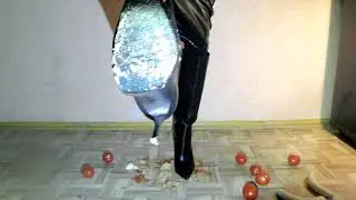 Crush fetish in leather boots and leather skirt. banana, etc. under high heels.