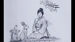 How to Draw Japanese Girl with Kimono || A girl under cherry blossom tree - Pencil Sketch Tutorial