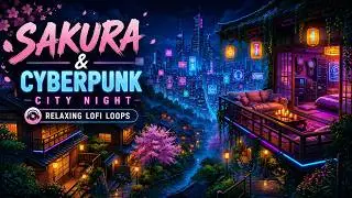Sakura & Cyberpunk City Night 🏮 Relaxing Lofi Hip Hop | Cozy Clock Room Ambience | Chill Study Beats